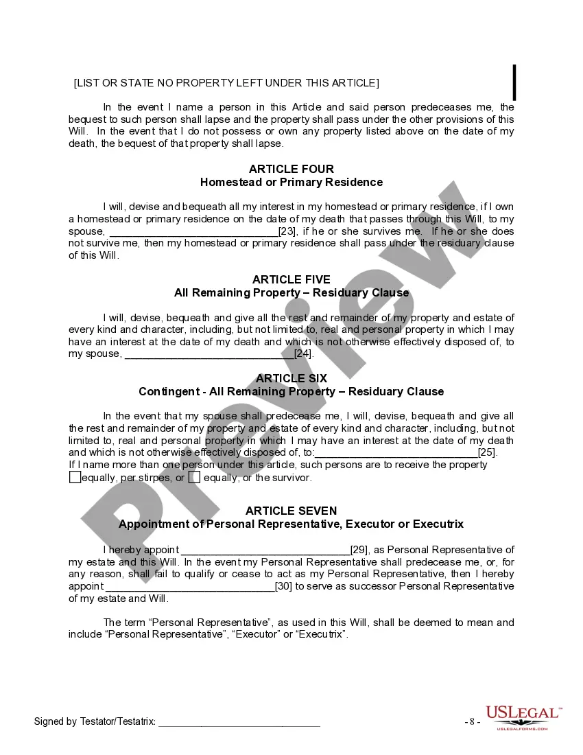 Preview Last Will and Testament for a Married Person with No Children