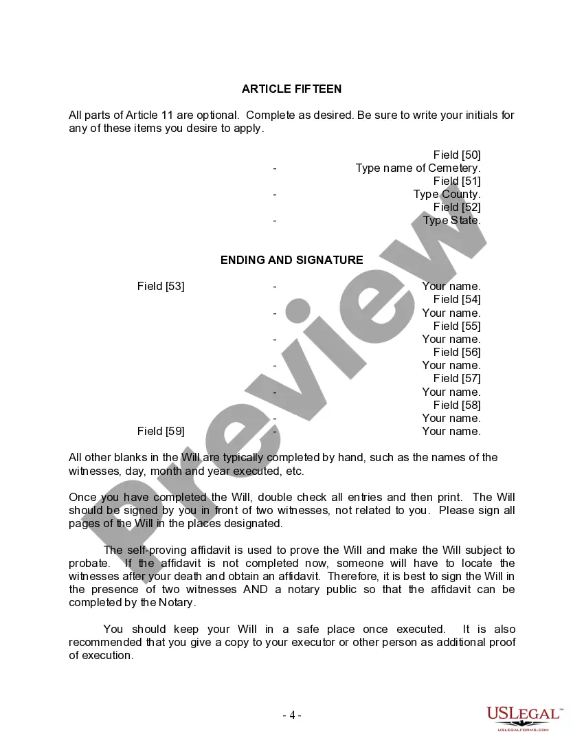 Preview Last Will and Testament for Civil Union Partner with Minor Children