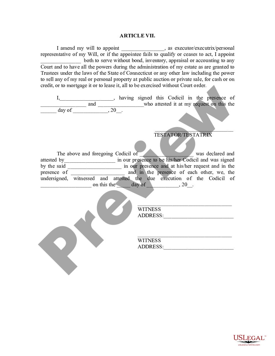 page 1 Codicil to Will Form for Amending Your Will - Will Changes or Amendments preview