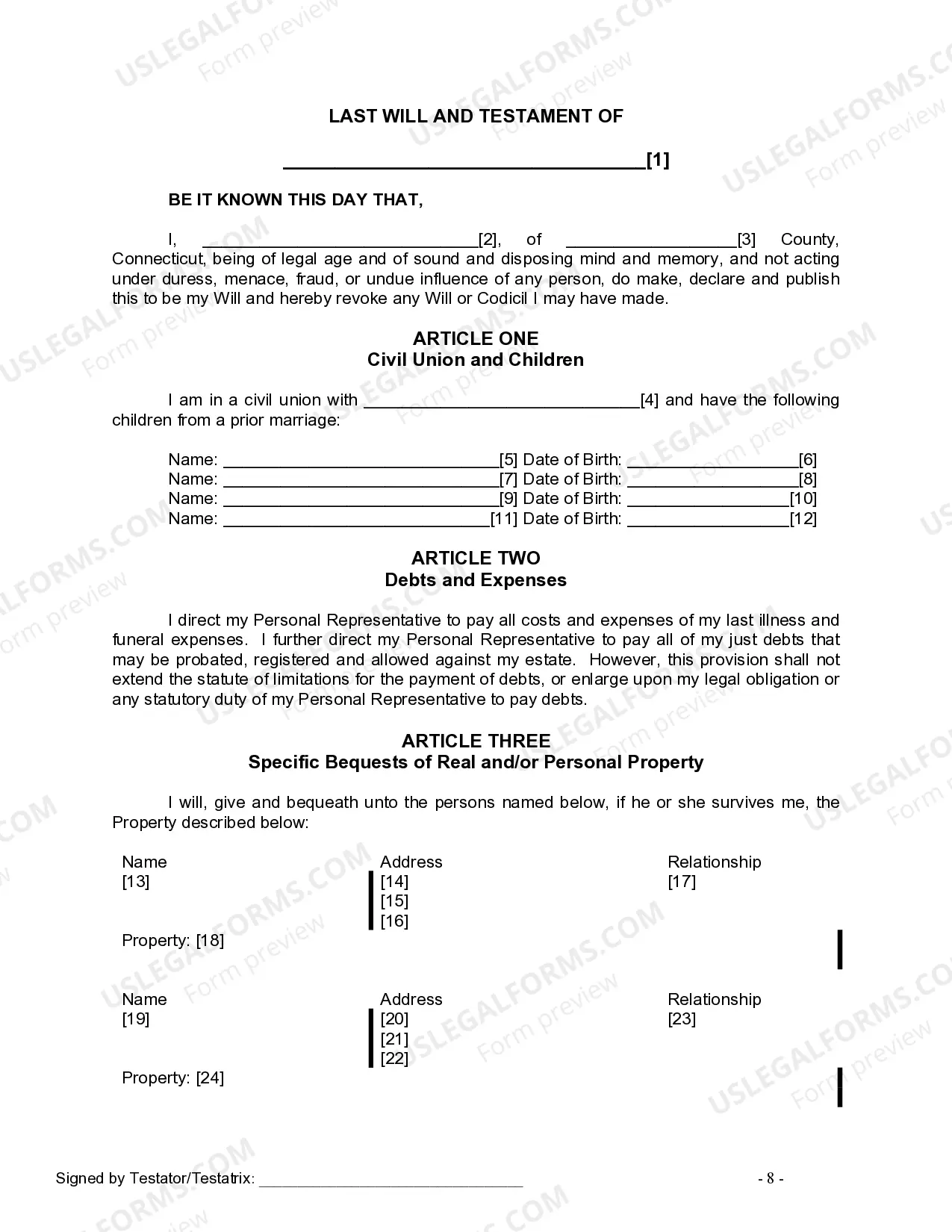 Preview Last Will and Testament for Civil Union Partner with Adult and Minor Children from Prior Marriage