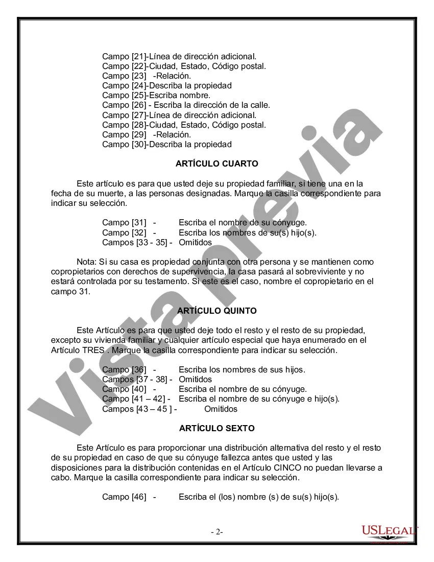Preview Formulario Legal de Última Voluntad y Testamento para Persona Casada con Hijos Adultos y Menores de Matrimonio Anterior