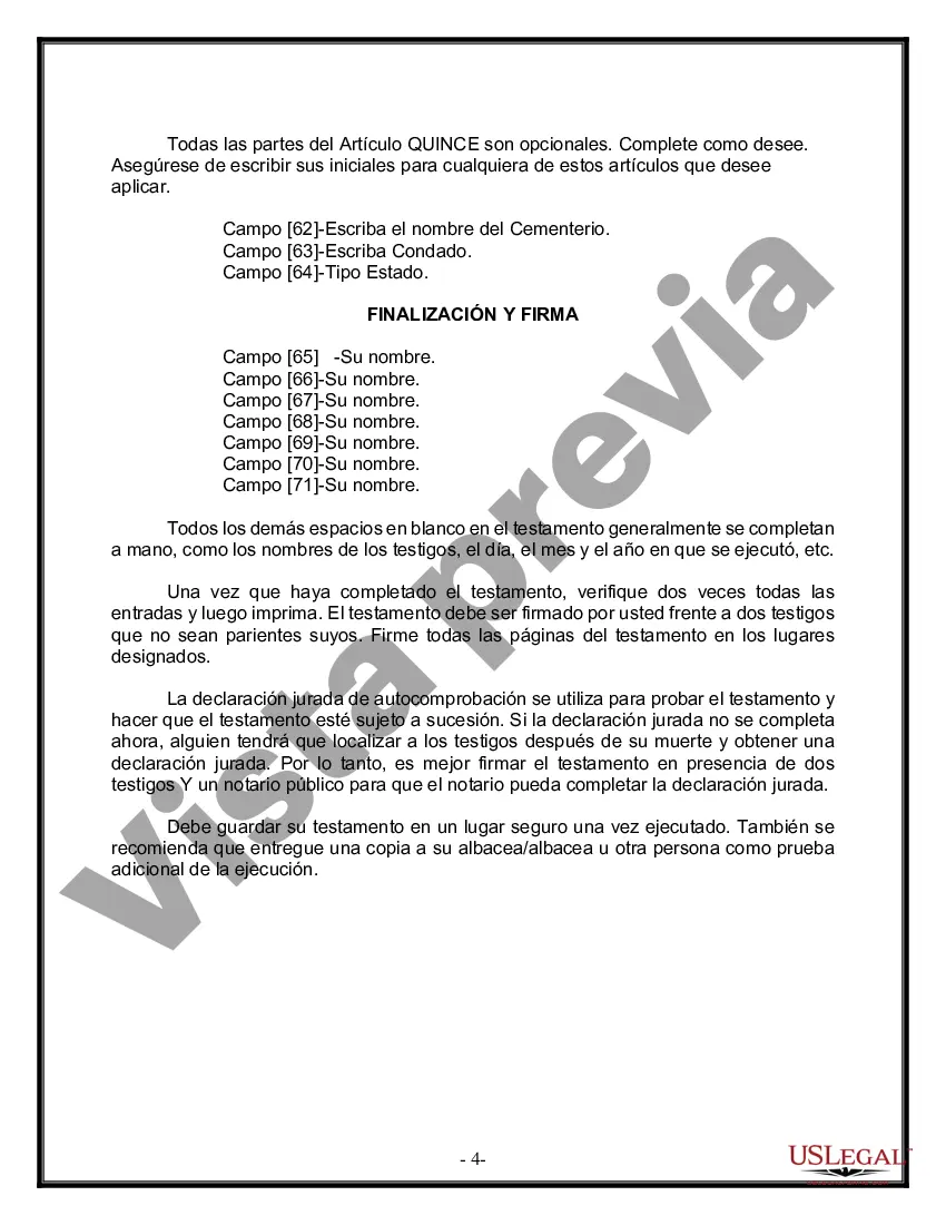 Preview Formulario Legal de Última Voluntad y Testamento para Persona Casada con Hijos Adultos y Menores de Matrimonio Anterior