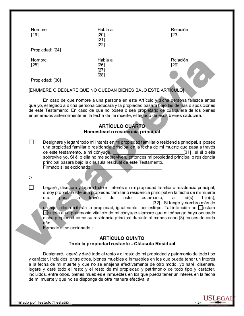 Preview Formulario Legal de Última Voluntad y Testamento para Persona Casada con Hijos Adultos y Menores de Matrimonio Anterior