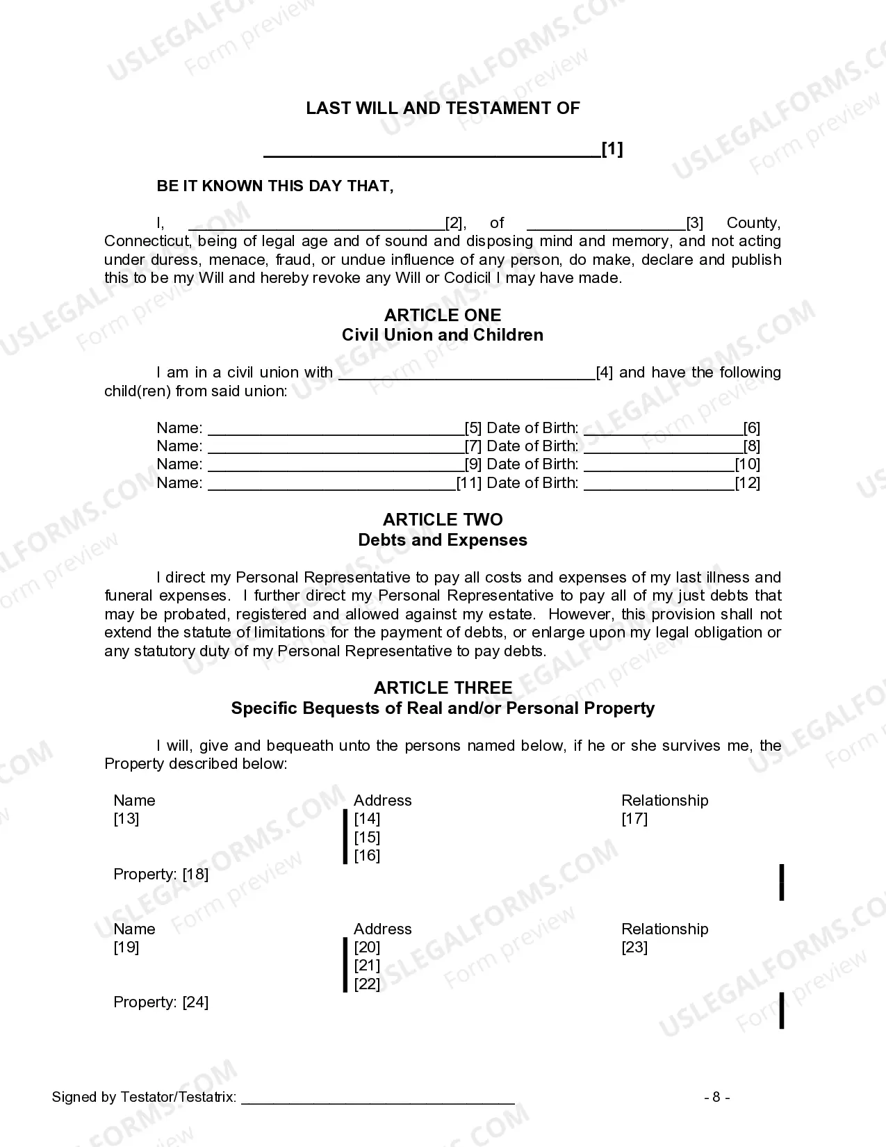 Preview Last Will and Testament for Civil Union Partner with Adult and Minor Children