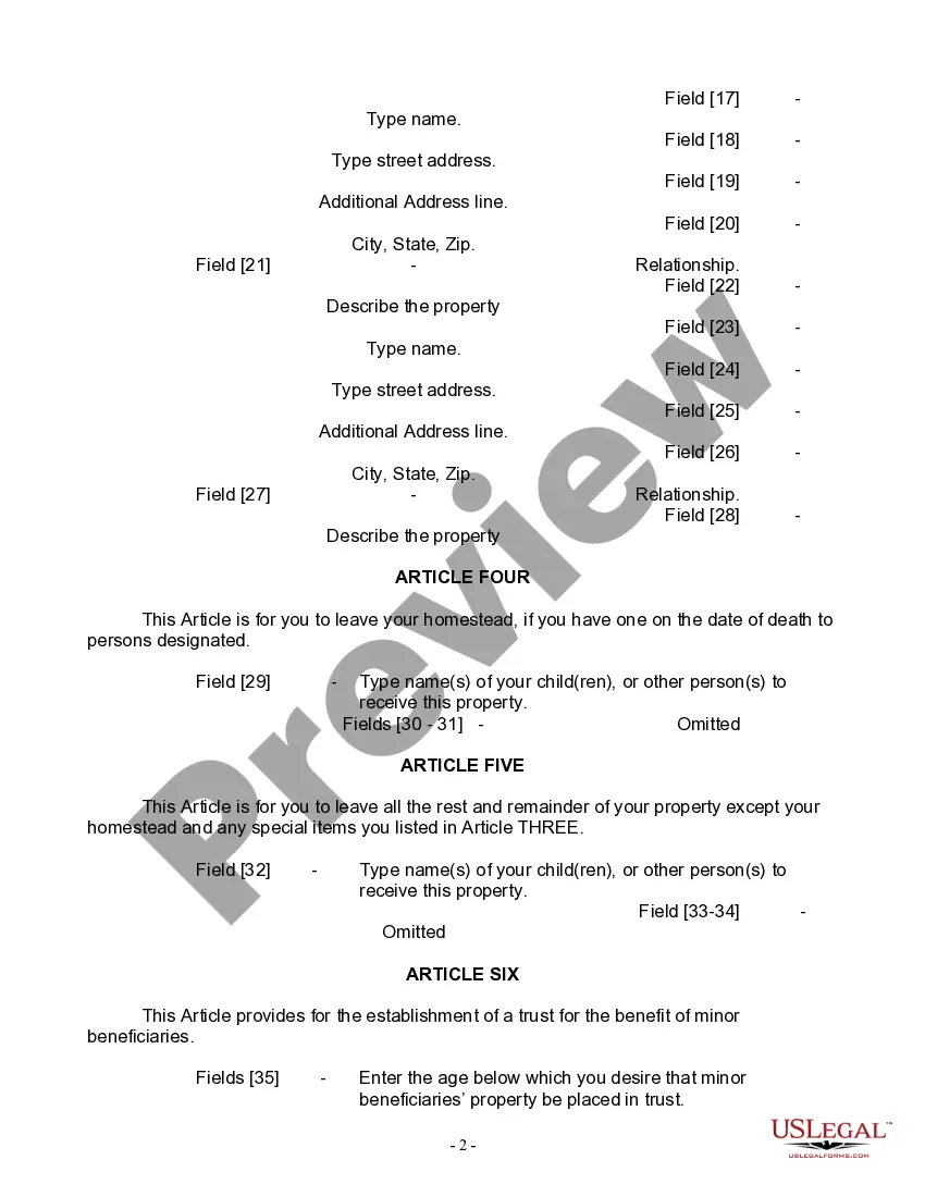 Preview Last Will and Testament for Widow or Widower with Minor Children