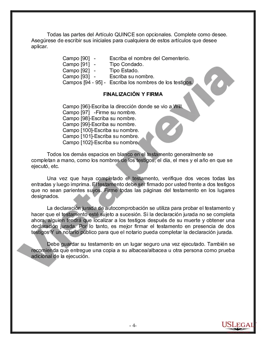 Preview Formulario Legal de Última Voluntad y Testamento para Persona Divorciada y Recasada con Hijos Míos, Tuyos y Nuestros
