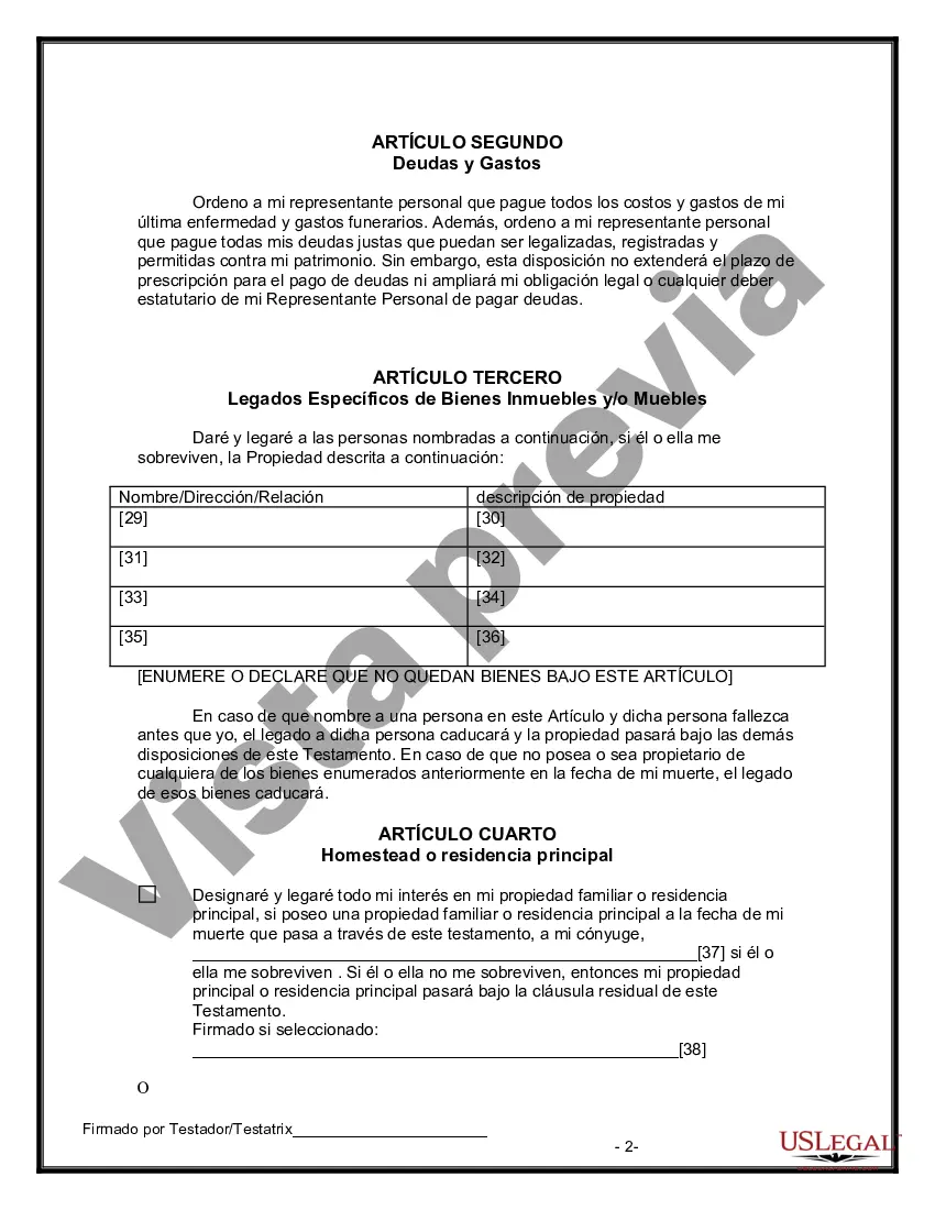 Preview Formulario Legal de Última Voluntad y Testamento para Persona Divorciada y Recasada con Hijos Míos, Tuyos y Nuestros