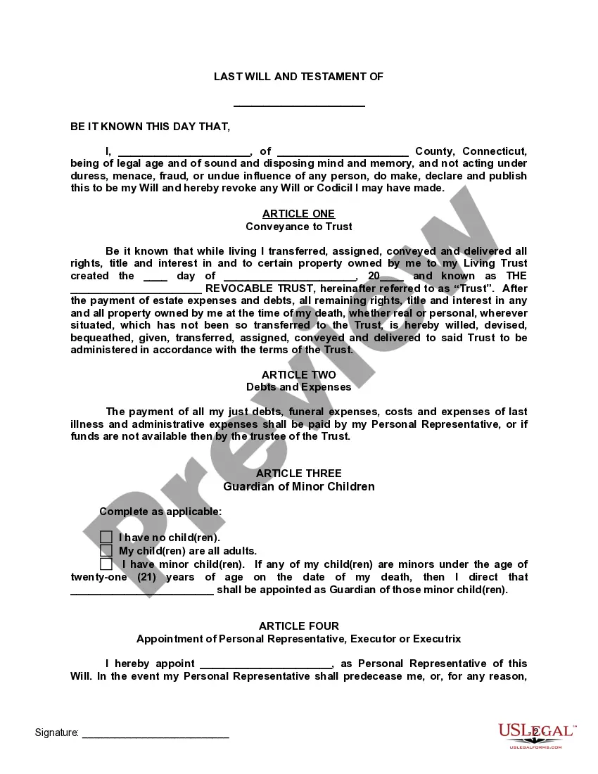 Preview Last Will and Testament with All Property to Trust called a Pour Over Will