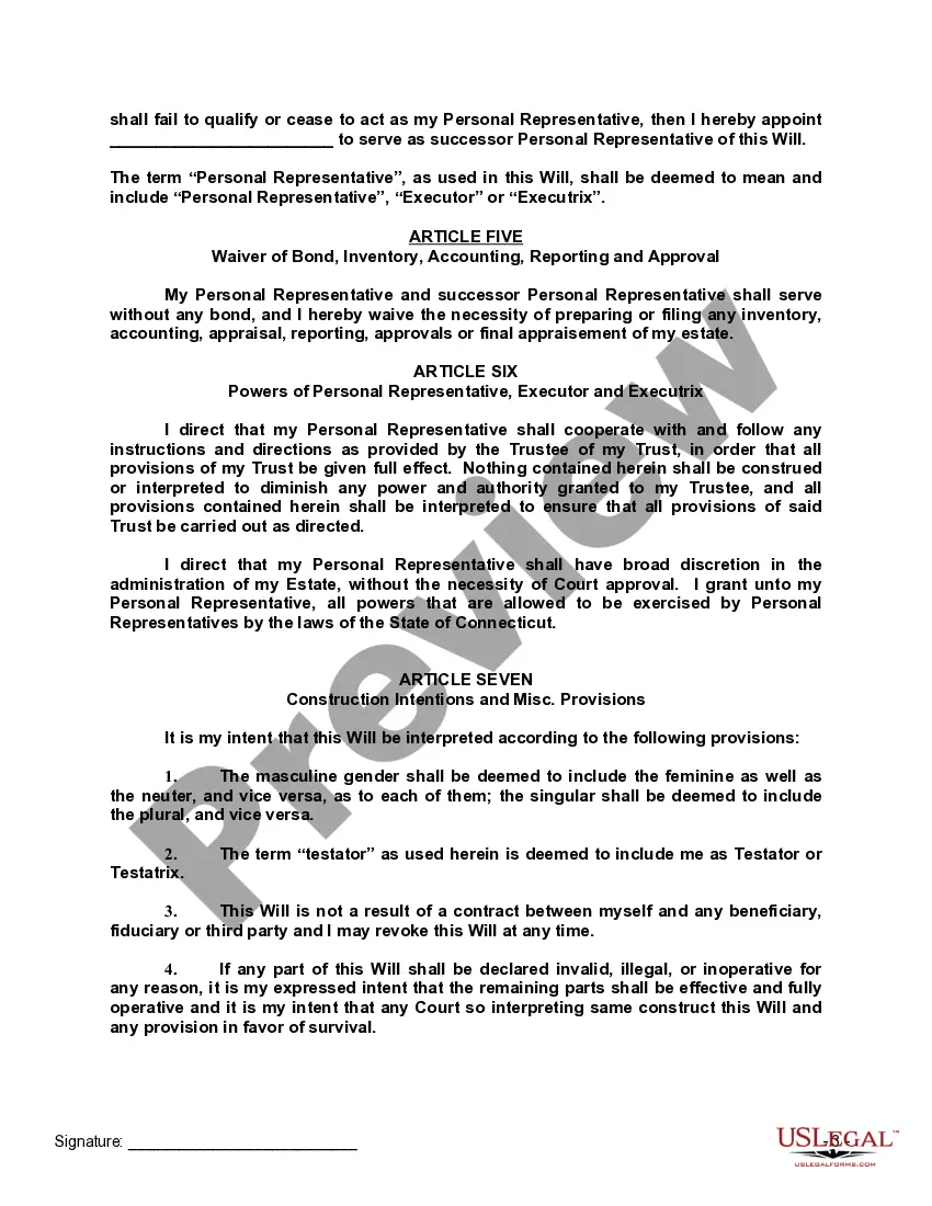 Preview Last Will and Testament with All Property to Trust called a Pour Over Will