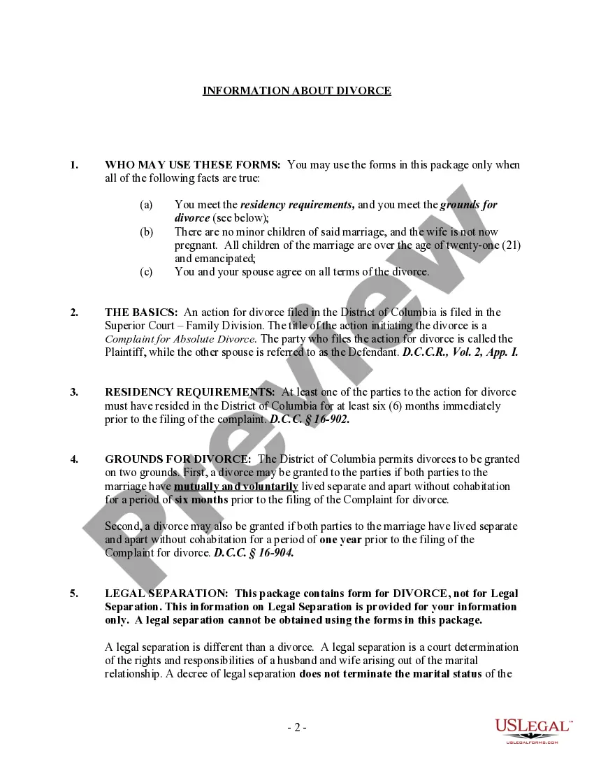 Preview District of Columbia No-Fault Uncontested Agreed Divorce Package for Dissolution of Marriage with Adult Children and with or without Property and Debts