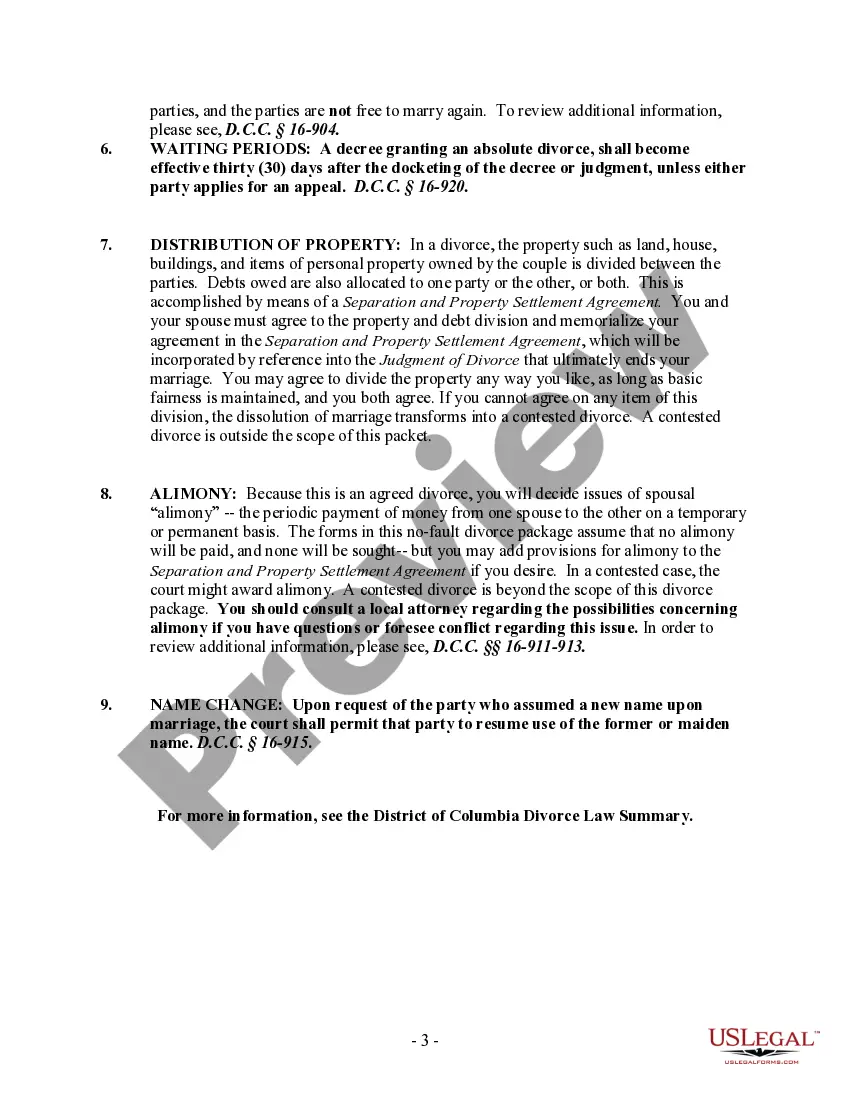 Preview District of Columbia No-Fault Uncontested Agreed Divorce Package for Dissolution of Marriage with Adult Children and with or without Property and Debts
