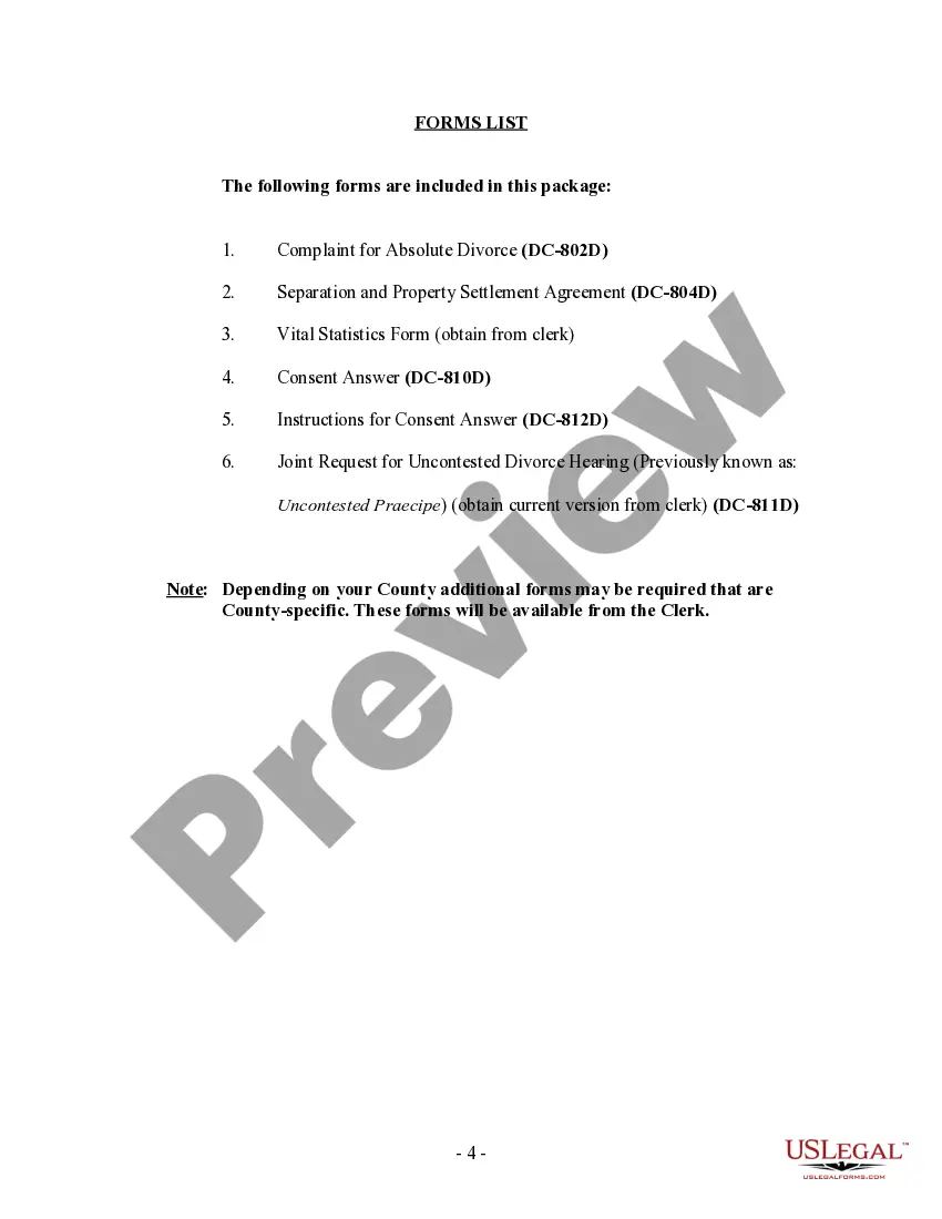 Preview District of Columbia No-Fault Uncontested Agreed Divorce Package for Dissolution of Marriage with Adult Children and with or without Property and Debts
