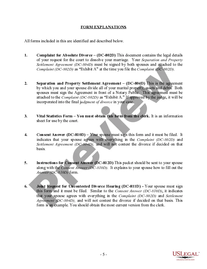 Preview District of Columbia No-Fault Uncontested Agreed Divorce Package for Dissolution of Marriage with Adult Children and with or without Property and Debts