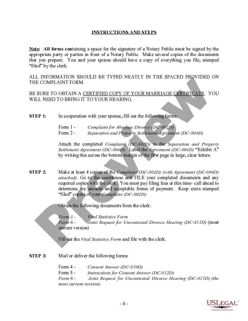 Preview District of Columbia No-Fault Uncontested Agreed Divorce Package for Dissolution of Marriage with Adult Children and with or without Property and Debts