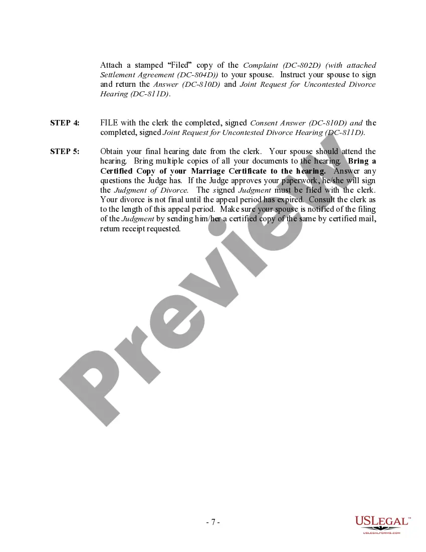 Preview District of Columbia No-Fault Uncontested Agreed Divorce Package for Dissolution of Marriage with Adult Children and with or without Property and Debts