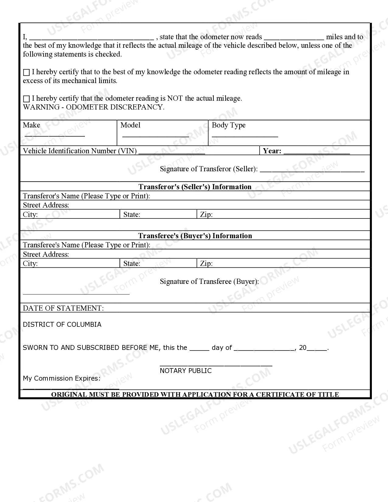 Preview Bill of Sale for Automobile or Vehicle including Odometer Statement and Promissory Note