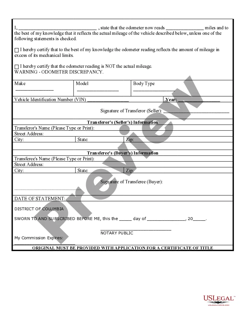 Preview Bill of Sale of Automobile and Odometer Statement