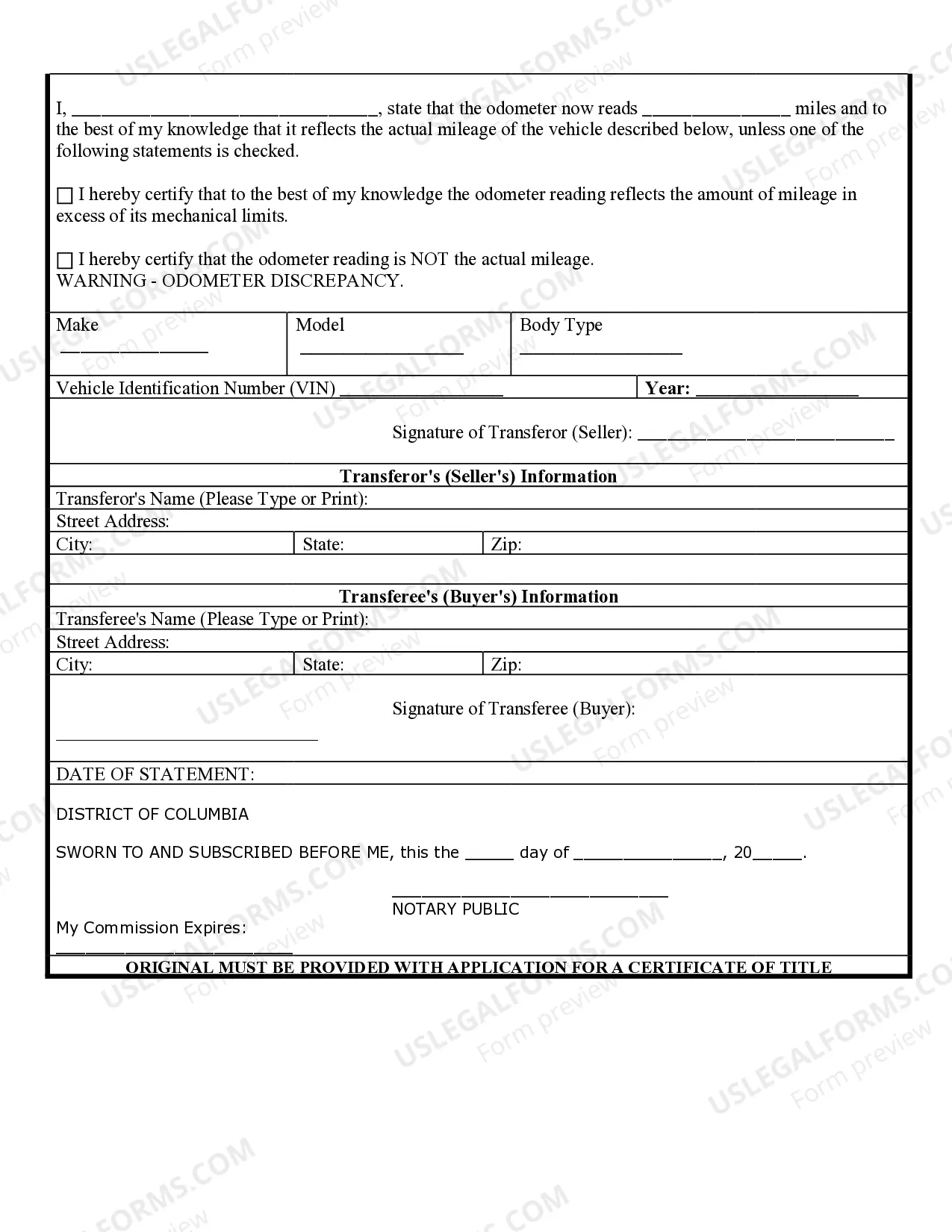 Preview Bill of Sale of Automobile and Odometer Statement for As-Is Sale