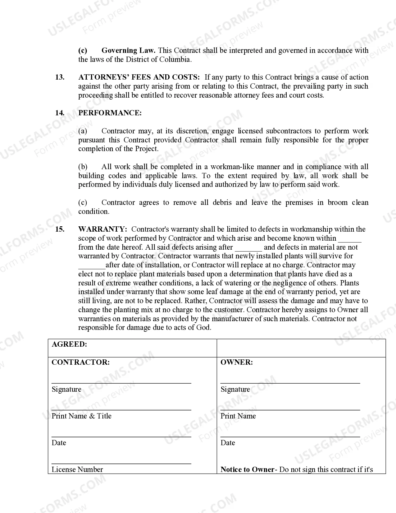 Preview Landscape Contract for Contractor