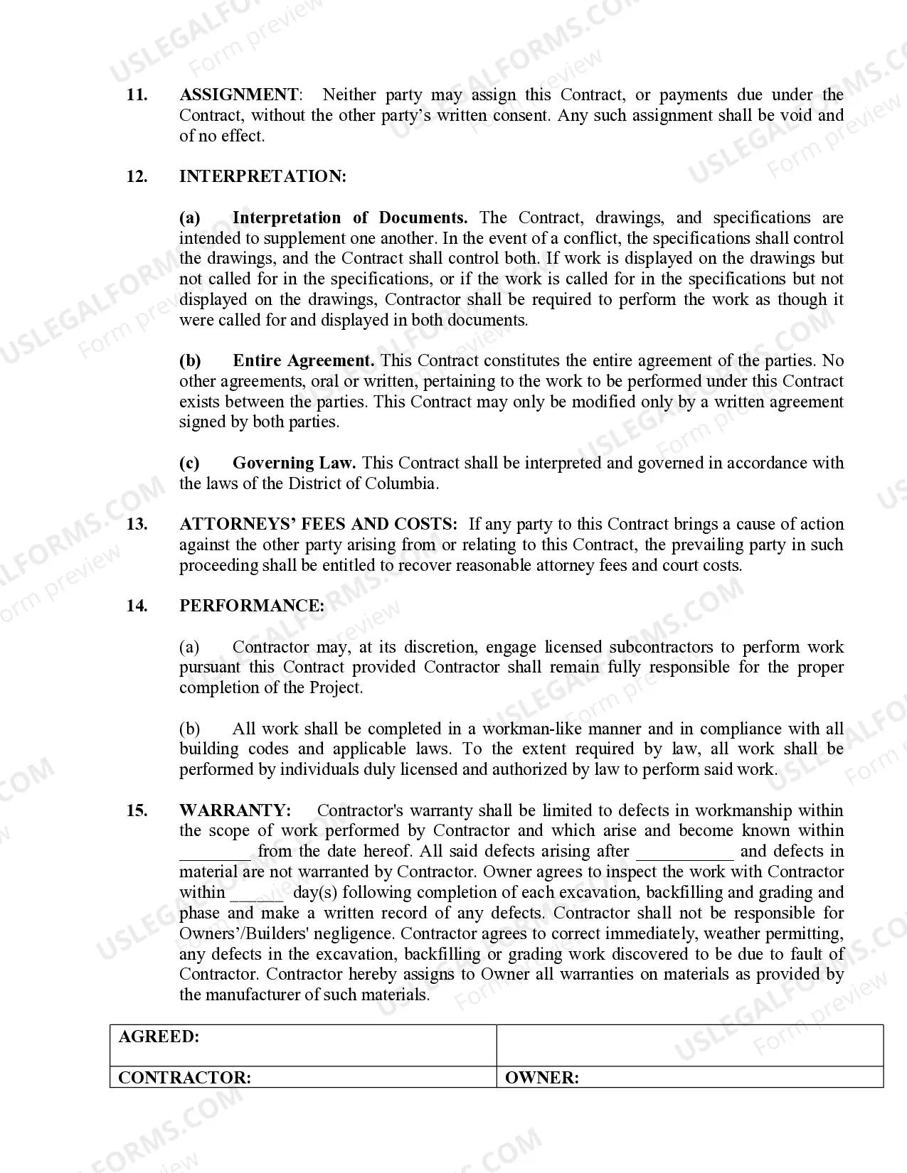 Preview Excavator Contract for Contractor