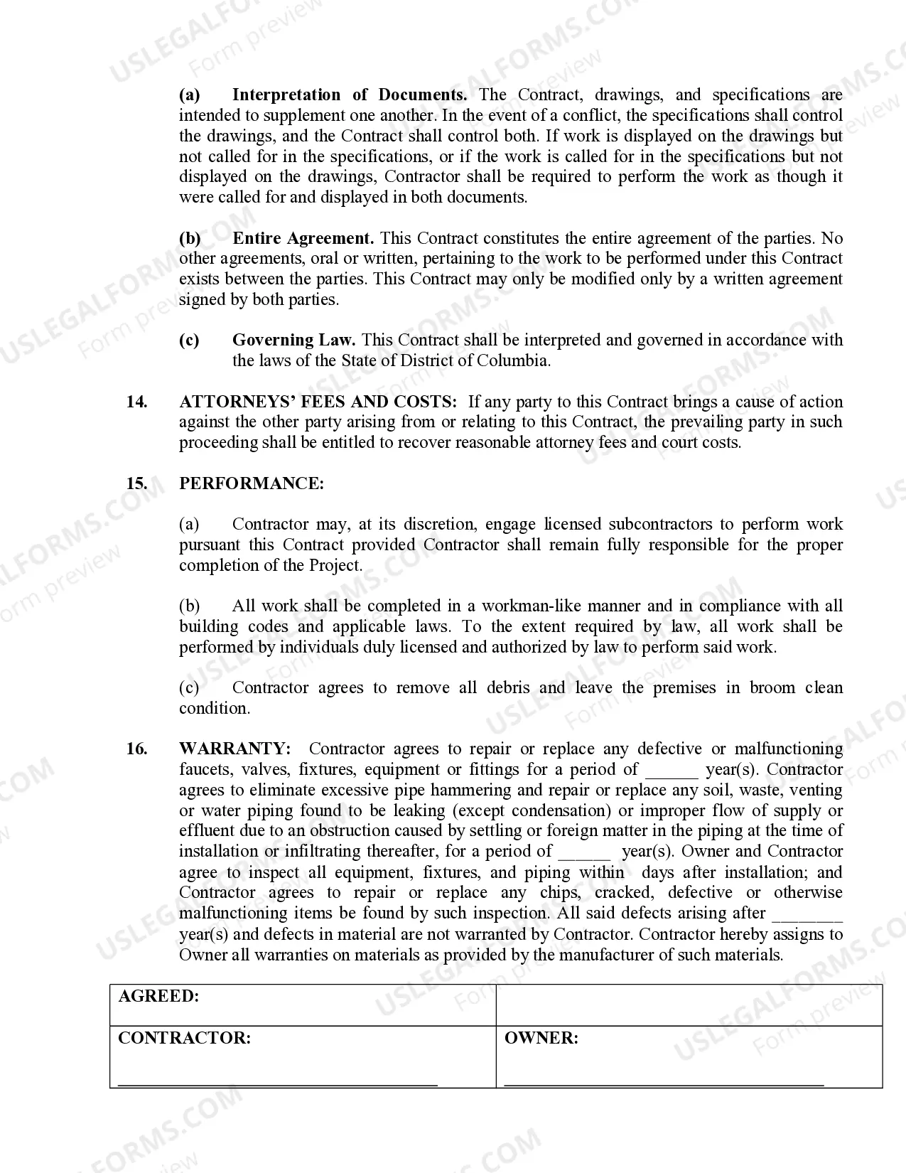 Preview Plumbing Contract for Contractor