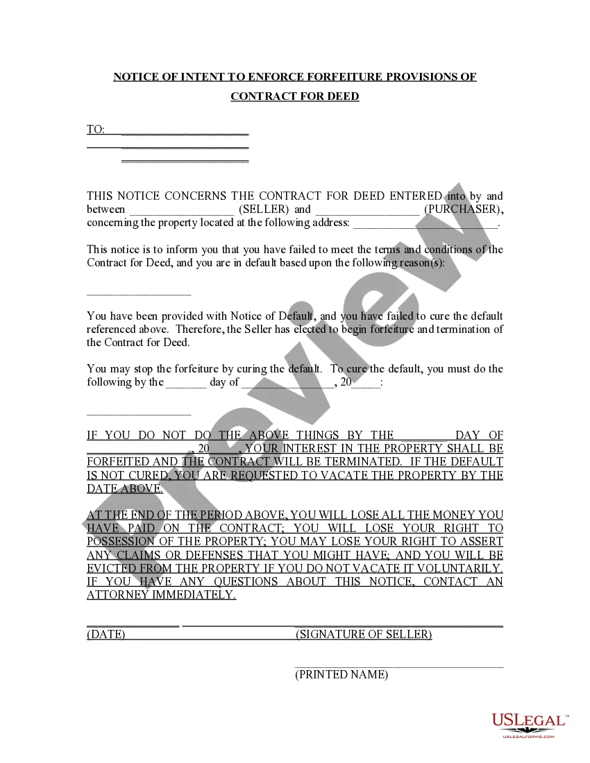Get Notice of Intent to Enforce Forfeiture Provisions of Contact for Deed Preview Notice of Intent to Enforce Forfeiture Provisions of Contact for Deed
