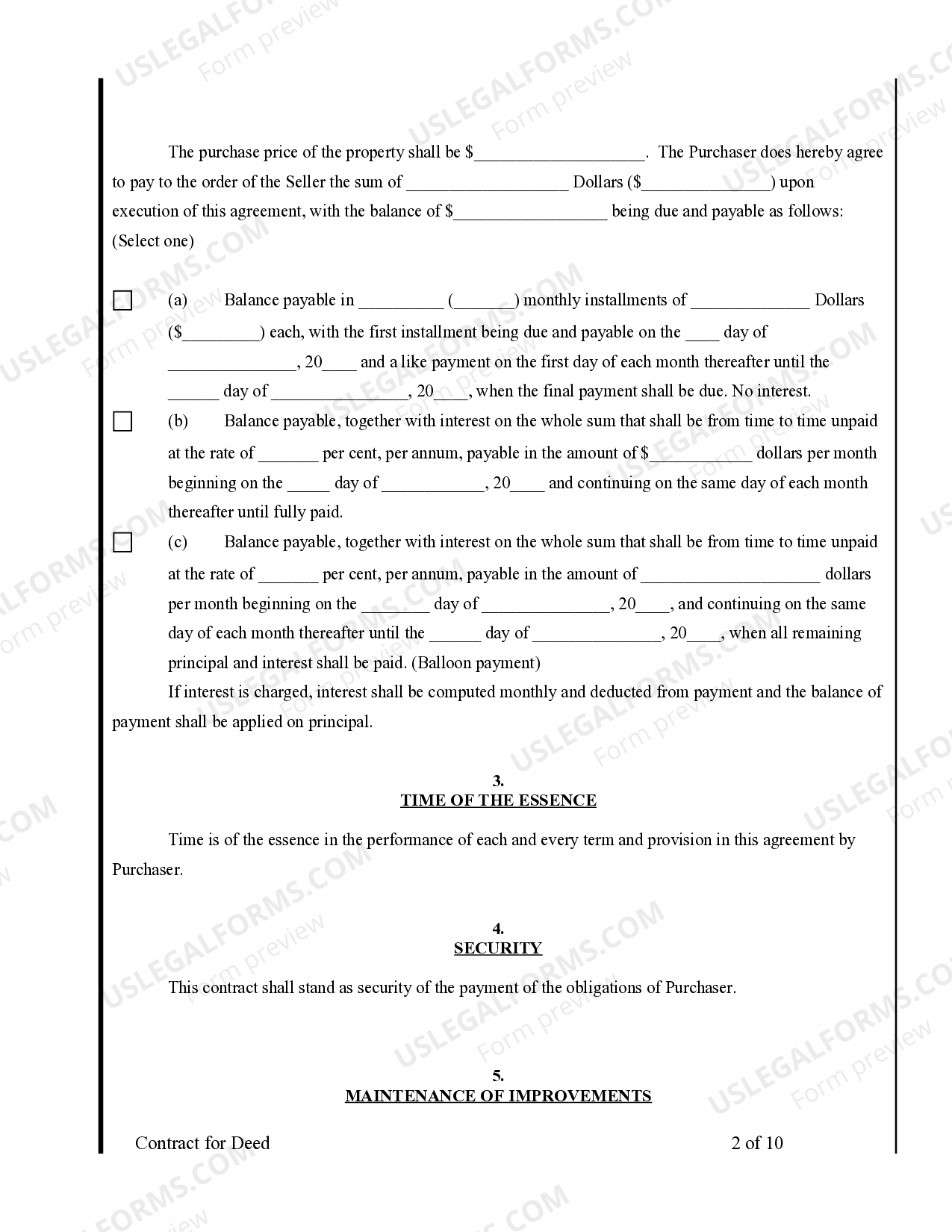 District of Columbia Agreement or Contract for Deed for Sale and