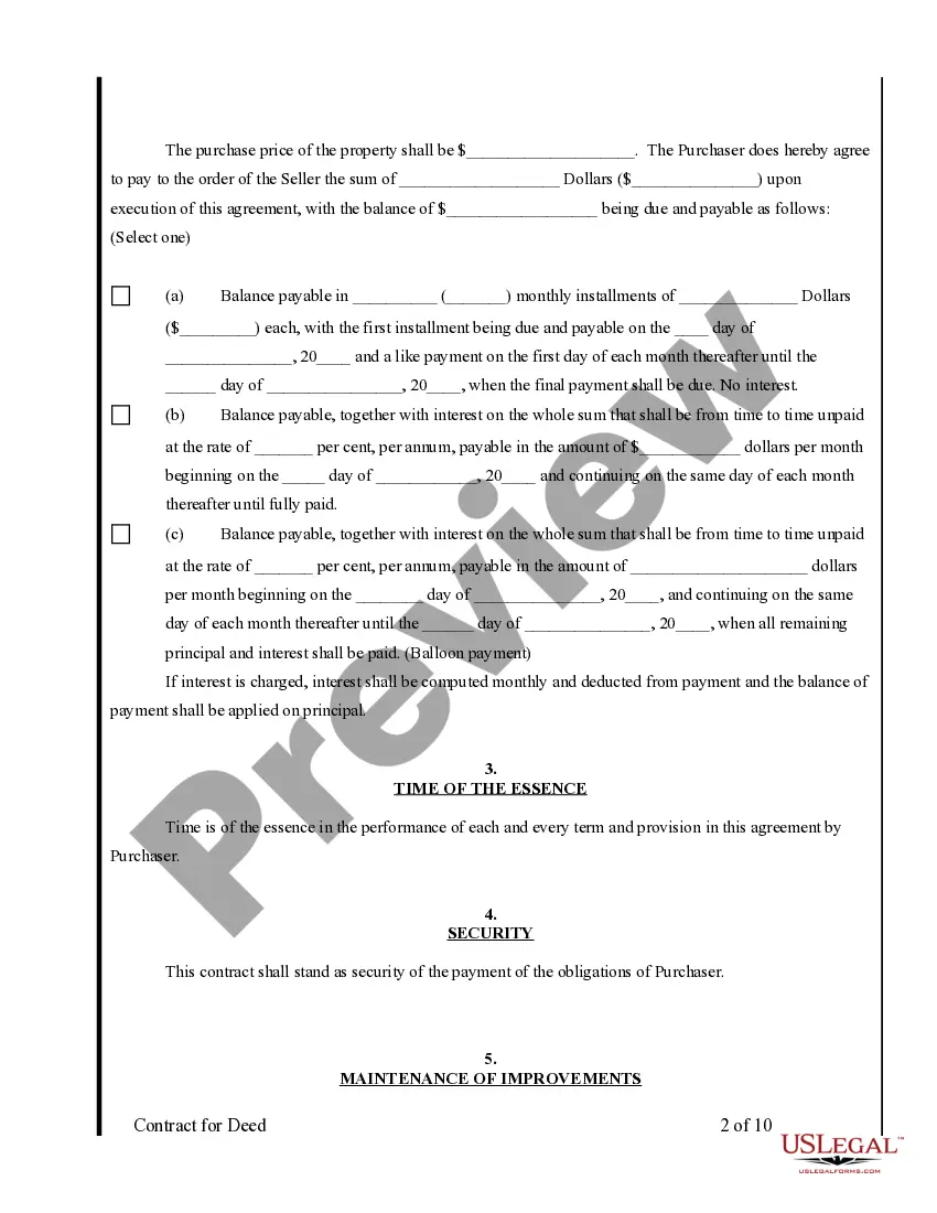 Preview Agreement or Contract for Deed for Sale and Purchase of Real Estate a/k/a Land or Executory Contract