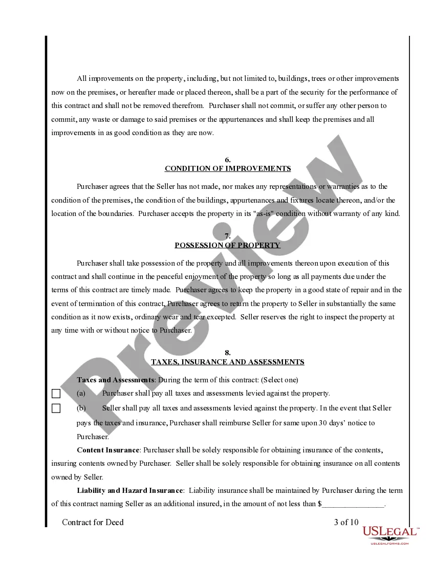 Preview Agreement or Contract for Deed for Sale and Purchase of Real Estate a/k/a Land or Executory Contract