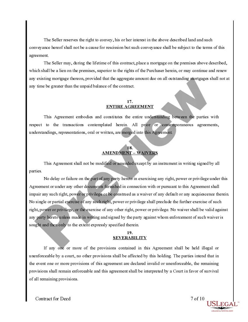 Preview Agreement or Contract for Deed for Sale and Purchase of Real Estate a/k/a Land or Executory Contract