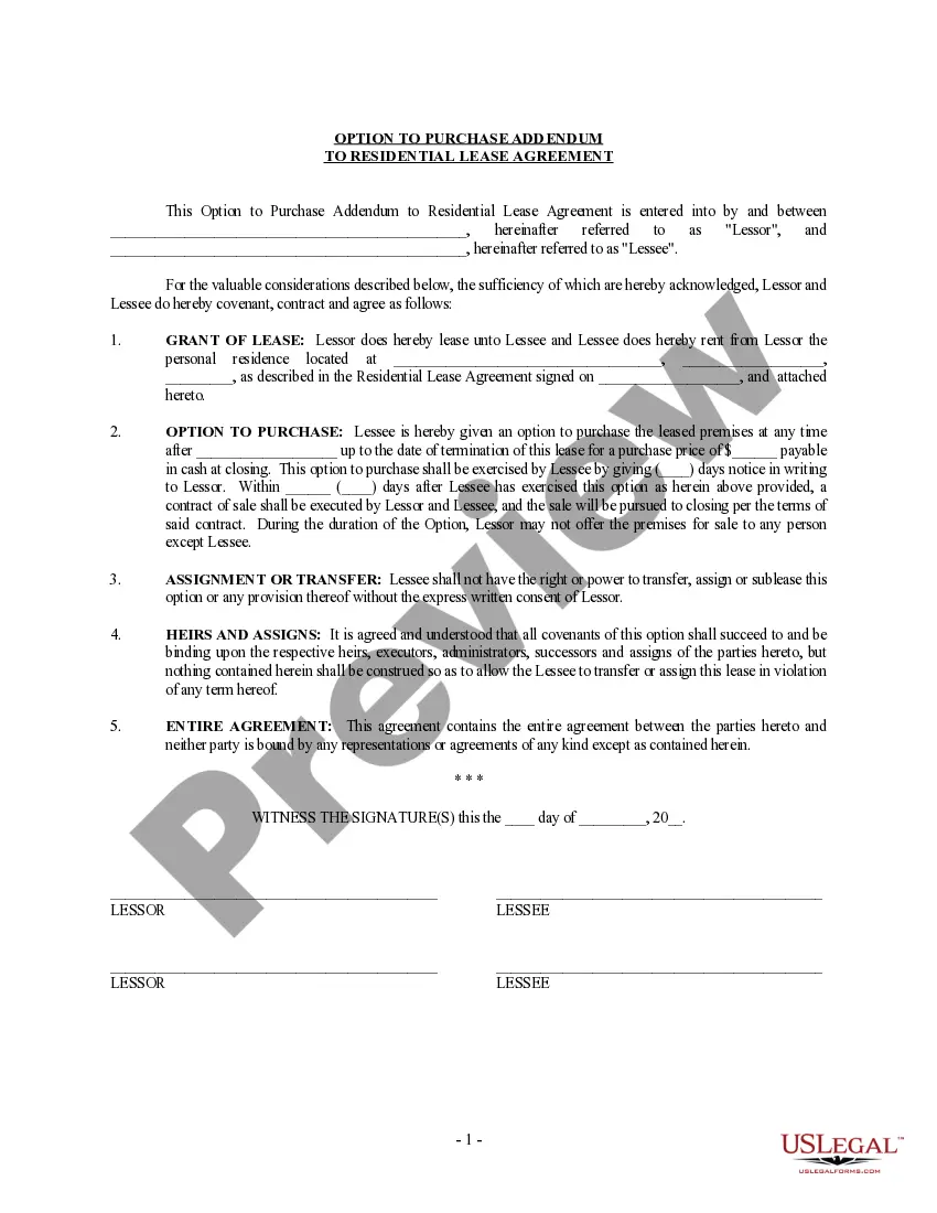 Get Option to Purchase Addendum to Residential Lease - Lease or Rent to Own Preview Option to Purchase Addendum to Residential Lease - Lease or Rent to Own