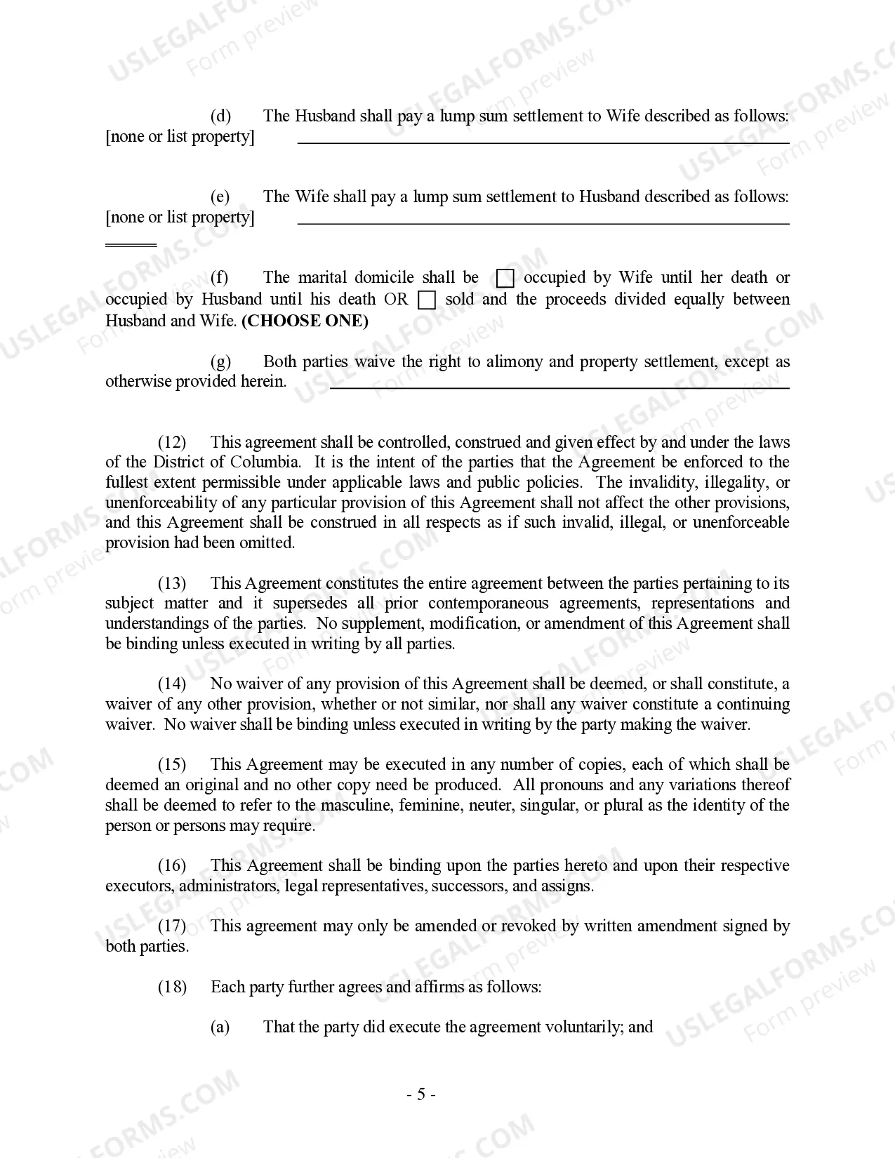 Preview District of Columbia Prenuptial Premarital Agreement without Financial Statements