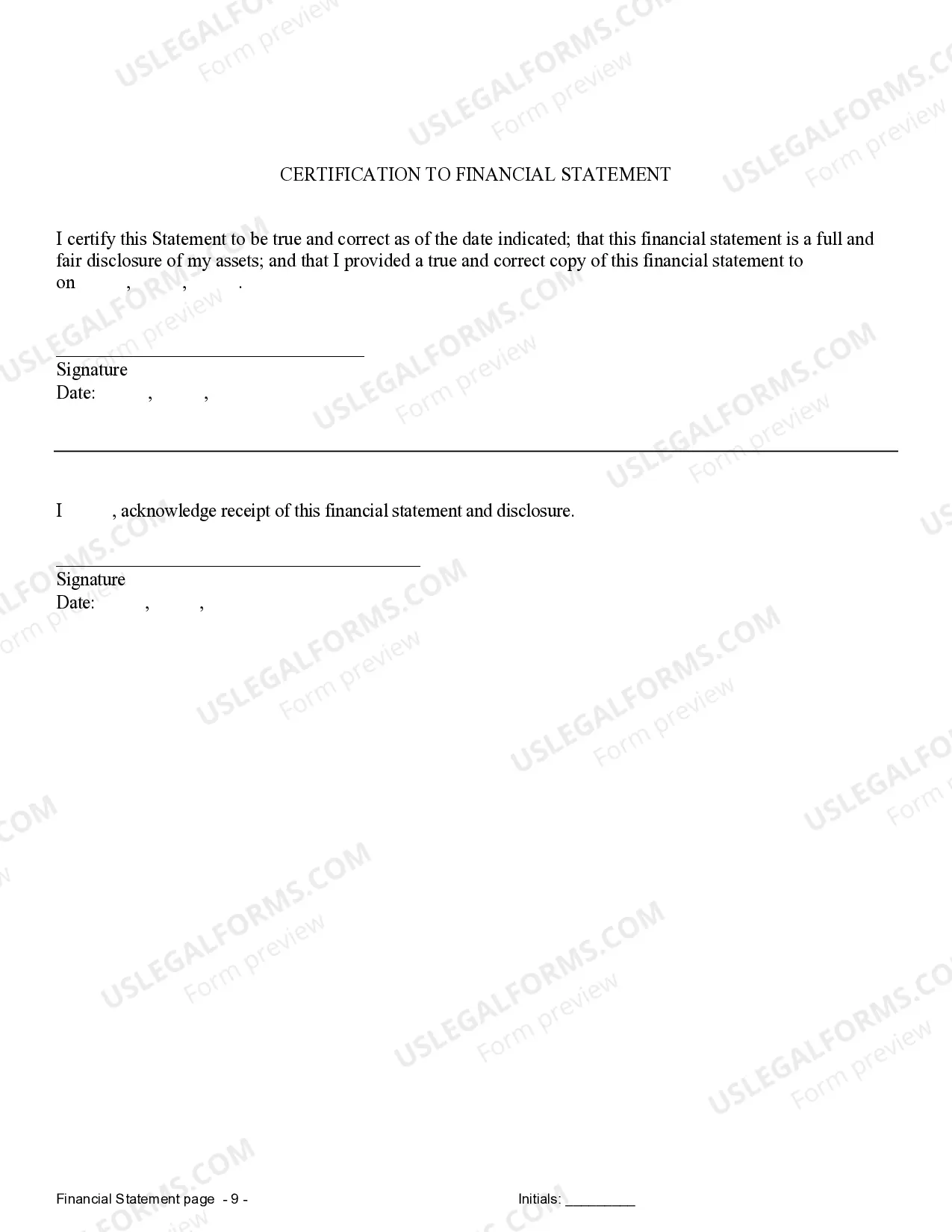 Preview Financial Statements only in Connection with Prenuptial Premarital Agreement