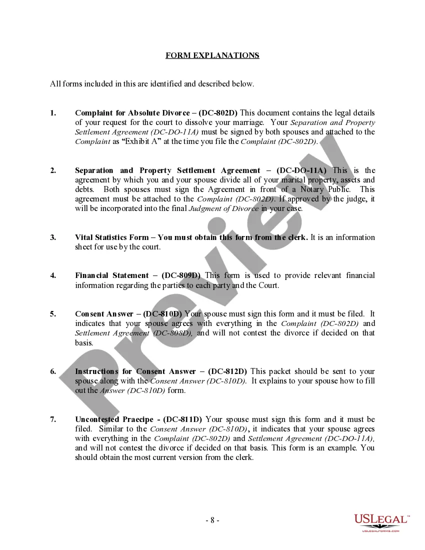 Get District of Columbia No-Fault Agreed Uncontested Divorce Package for Dissolution of Marriage for people with Minor Children Preview District of Columbia No-Fault Agreed Uncontested Divorce Package for Dissolution of Marriage for people with Minor Children