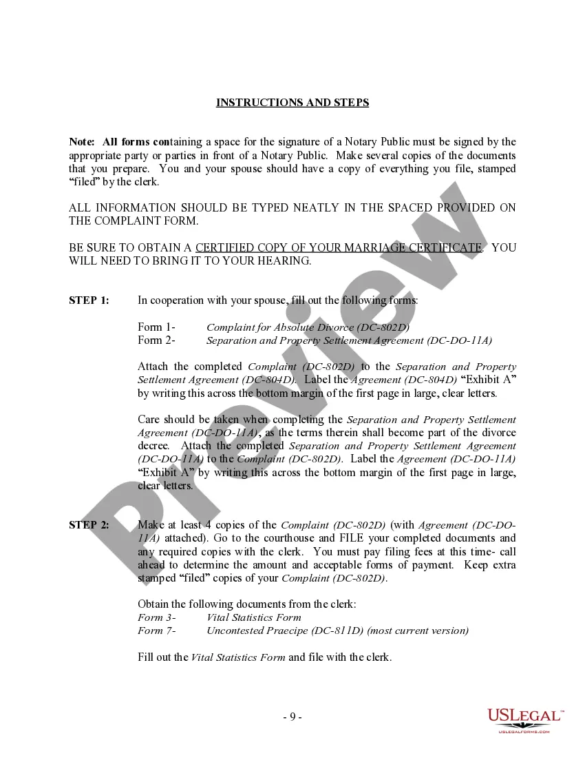 Get District of Columbia No-Fault Agreed Uncontested Divorce Package for Dissolution of Marriage for people with Minor Children Preview District of Columbia No-Fault Agreed Uncontested Divorce Package for Dissolution of Marriage for people with Minor Children