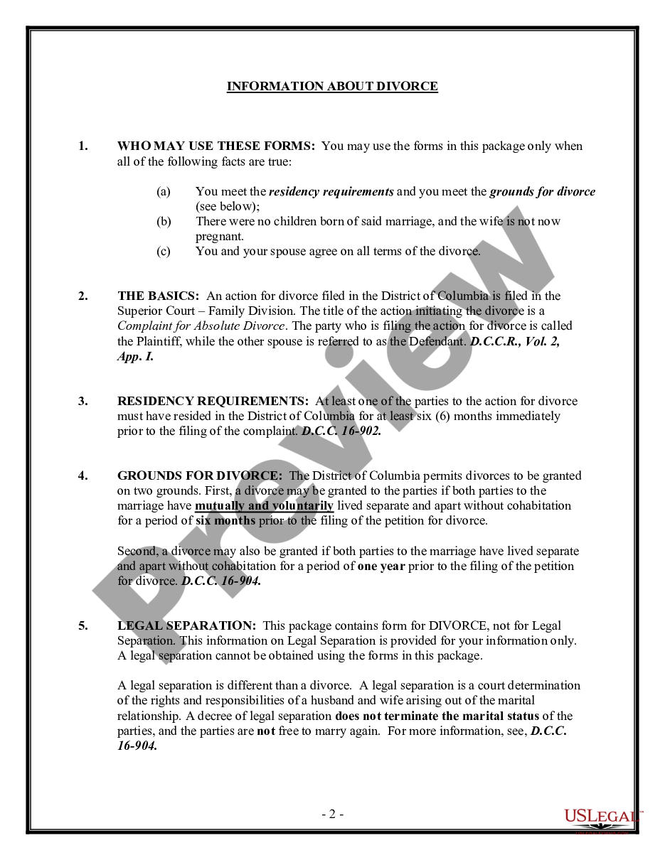 page 1 No-Fault Agreed Uncontested Divorce Package for Dissolution of Marriage for Persons with No Children with or without Property and Debts preview