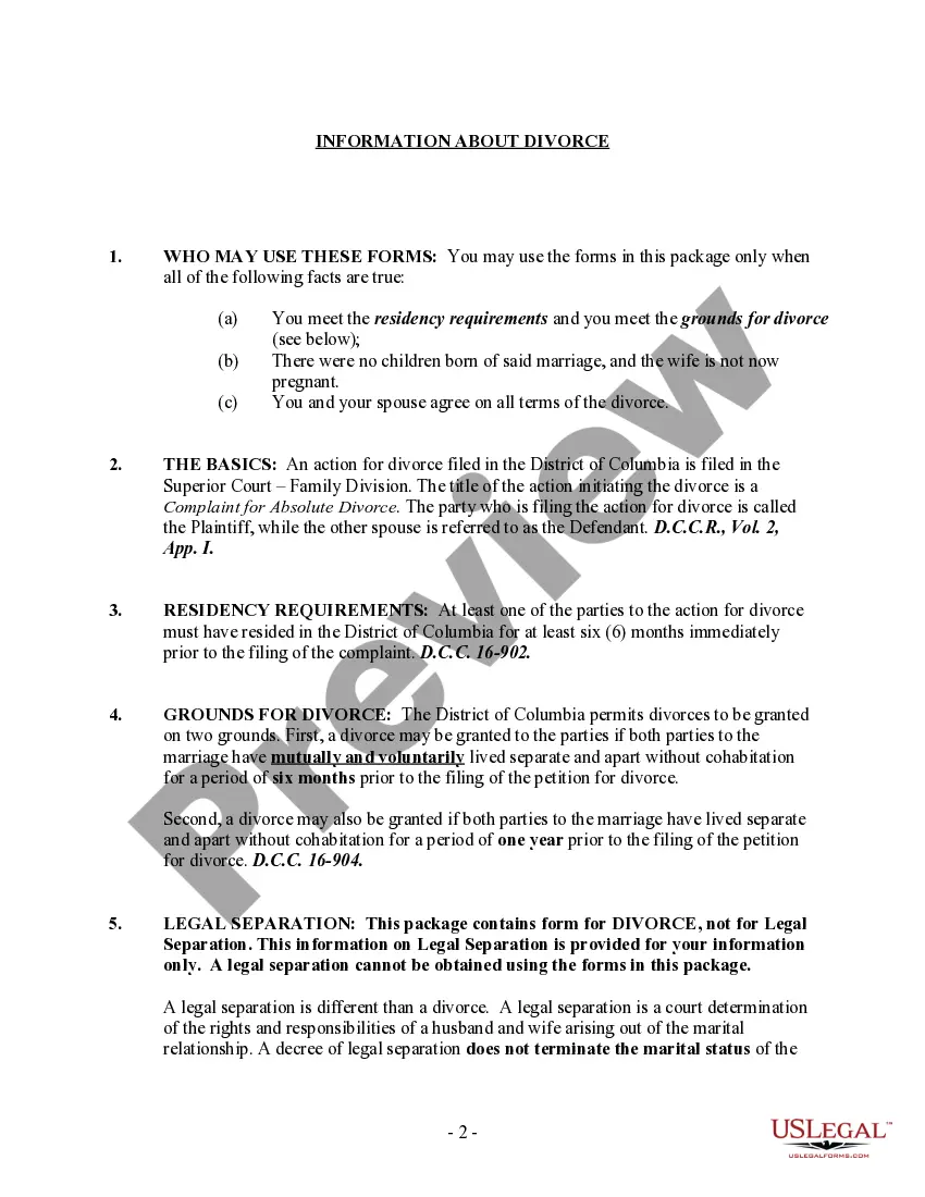 Preview District of Columbia No-Fault Agreed Uncontested Divorce Package for Dissolution of Marriage for Persons with No Children with or without Property and Debts