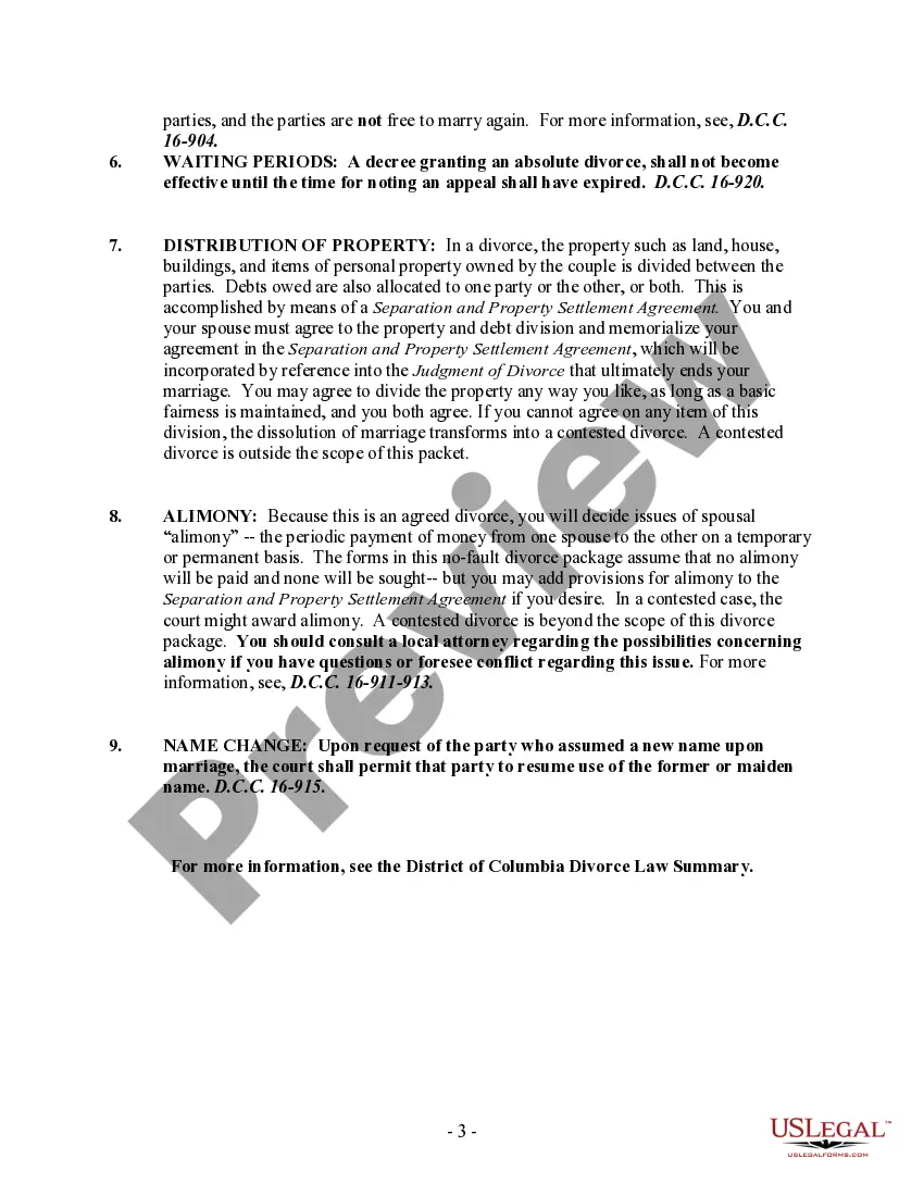 Preview District of Columbia No-Fault Agreed Uncontested Divorce Package for Dissolution of Marriage for Persons with No Children with or without Property and Debts