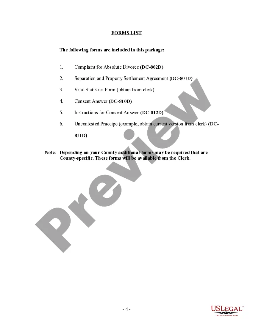 Preview District of Columbia No-Fault Agreed Uncontested Divorce Package for Dissolution of Marriage for Persons with No Children with or without Property and Debts