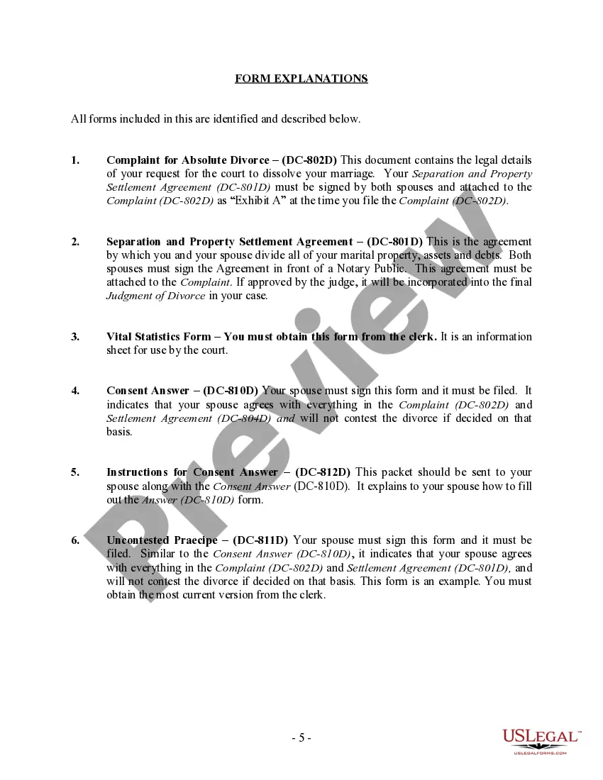 Preview District of Columbia No-Fault Agreed Uncontested Divorce Package for Dissolution of Marriage for Persons with No Children with or without Property and Debts