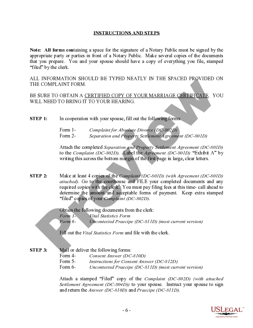 Preview District of Columbia No-Fault Agreed Uncontested Divorce Package for Dissolution of Marriage for Persons with No Children with or without Property and Debts