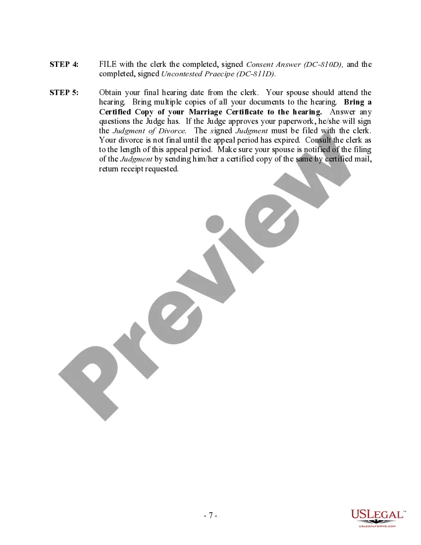 Preview District of Columbia No-Fault Agreed Uncontested Divorce Package for Dissolution of Marriage for Persons with No Children with or without Property and Debts