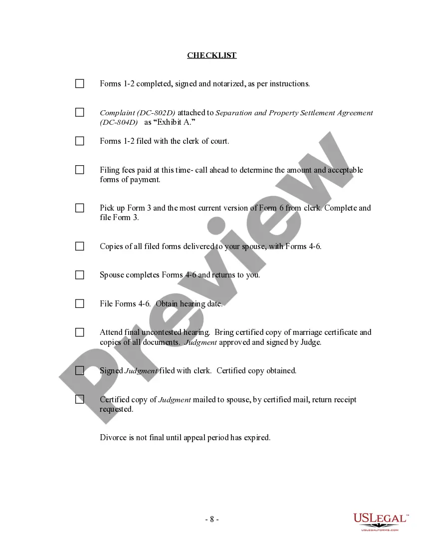 Preview District of Columbia No-Fault Agreed Uncontested Divorce Package for Dissolution of Marriage for Persons with No Children with or without Property and Debts