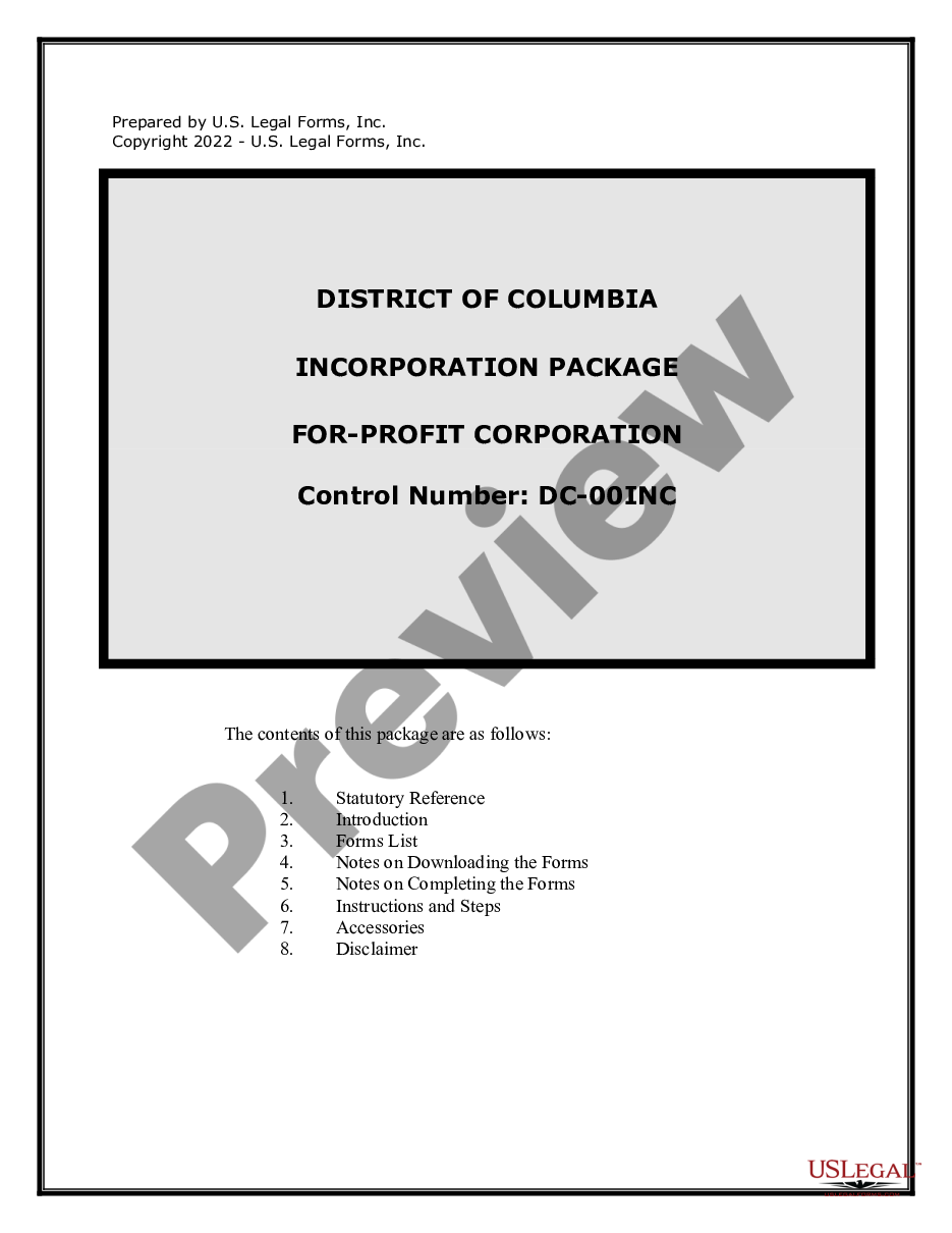 form District of Columbia Business Incorporation Package to Incorporate Corporation preview