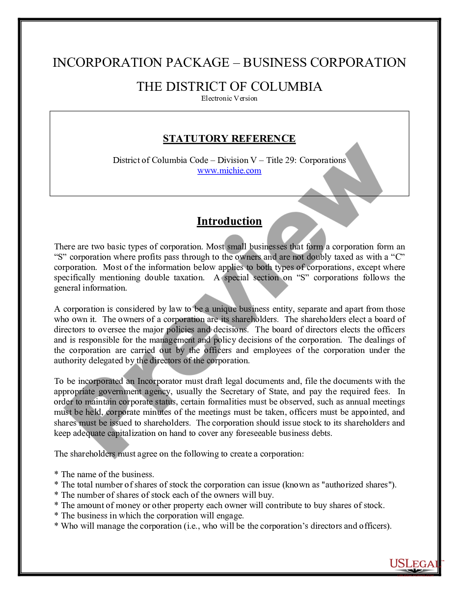 page 1 District of Columbia Business Incorporation Package to Incorporate Corporation preview