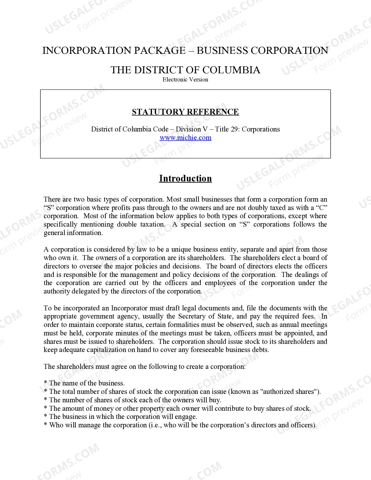 Preview District of Columbia Business Incorporation Package to Incorporate Corporation