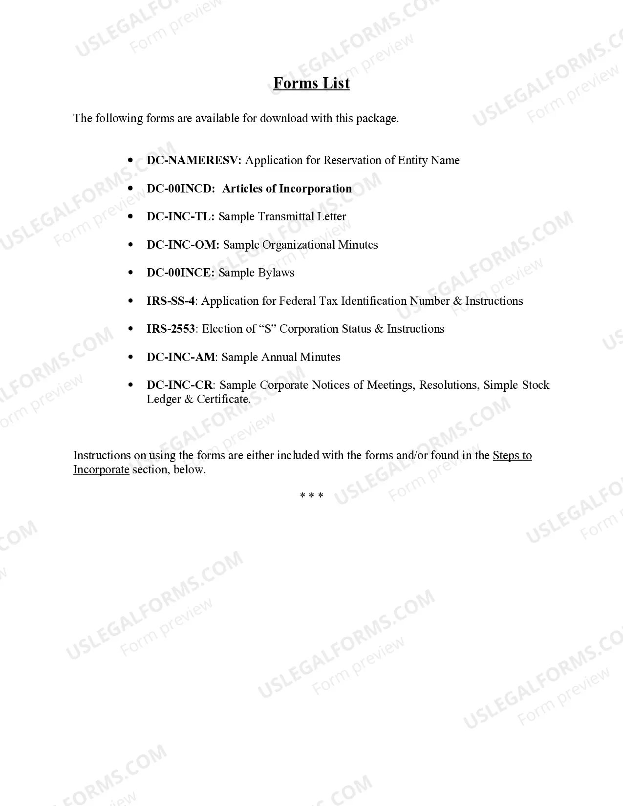 Preview District of Columbia Business Incorporation Package to Incorporate Corporation