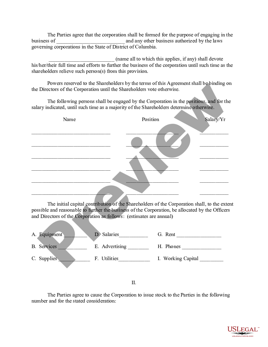 page 1 District of Columbia Pre-Incorporation Agreement, Shareholders Agreement and Confidentiality Agreement preview