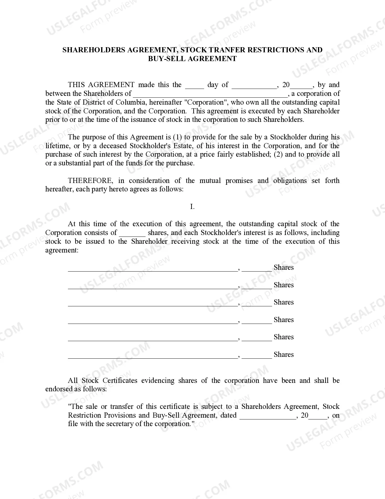 Preview District of Columbia Pre-Incorporation Agreement, Shareholders Agreement and Confidentiality Agreement