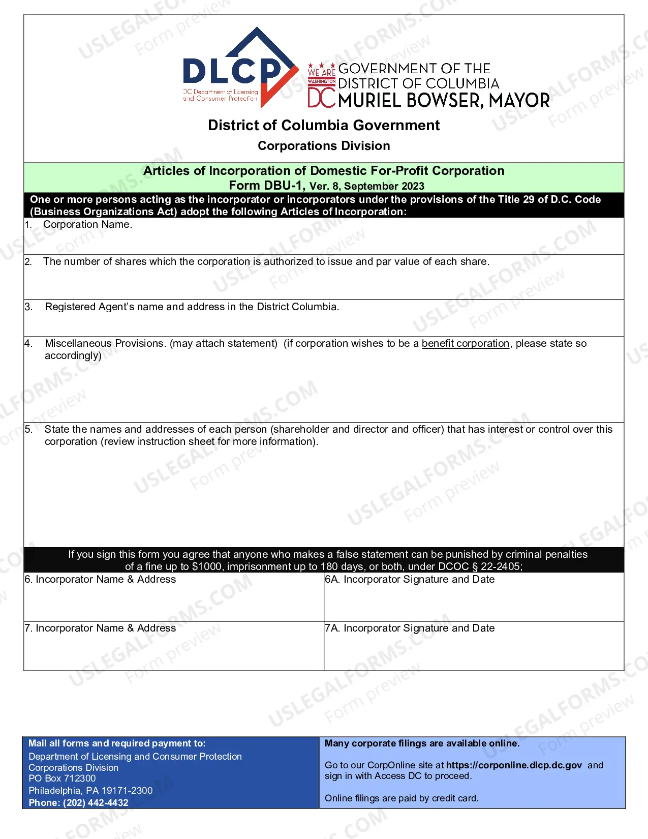 Preview District of Columbia Articles of Incorporation for Domestic For-Profit Corporation